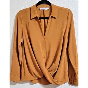All In Favor Womens Gold Mustard Blouse Dress Shirt Button Down Wrap Collar Boho